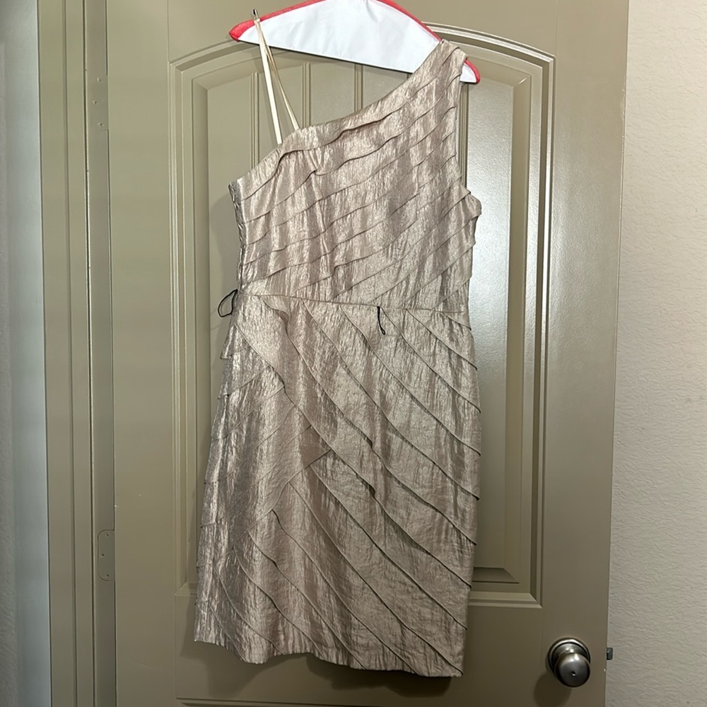 Gorgeous one shoulder tan dress with gold reflections